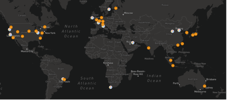 Picture of a world map showing various GCP cloud regions and their locations