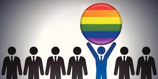 cartoon business men one holding a rainbow ball in the air