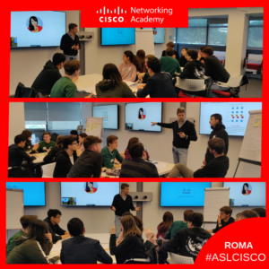 A collage with three pictures of Angelo presenting to a classroom of high schoolers.