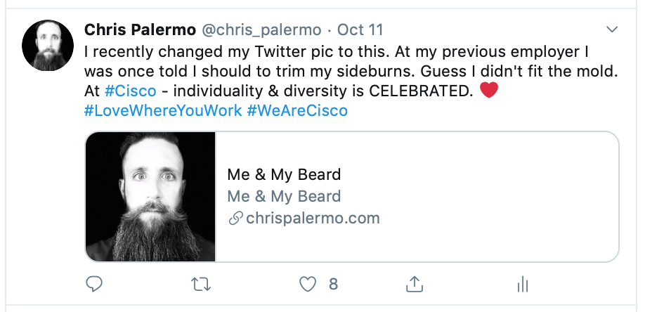 A screenshot of Chris's Tweet about his beard and how individuality and diversity is celebrated at Cisco.