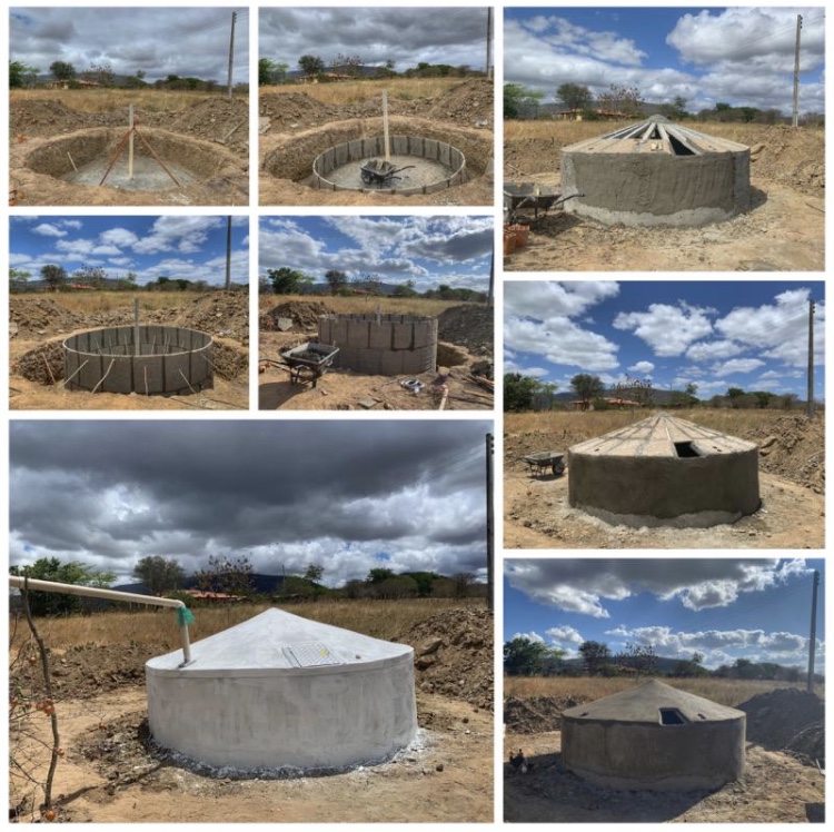 A collage of a cistern at different stages of being built.