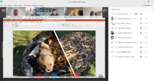 A screenshot of a Friday Social Webex meeting where a member of the team is sharing pictures of their puppy in a pile of leaves.