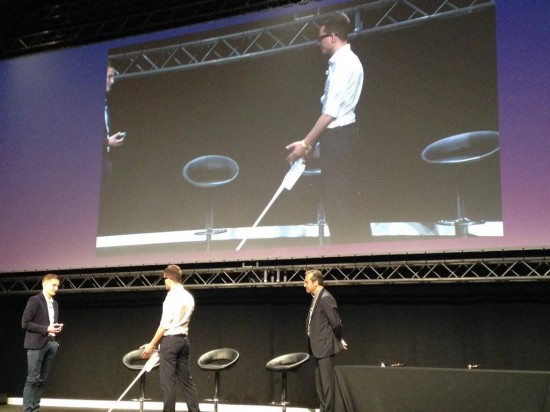 Founders of the start-up Handisco demonstrate their networked walking stick that helps visually impaired people navigate cities. 