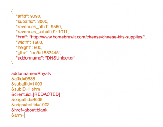 Figure 4 (B) : Information sent by both main network traffic components of the 'AMZ' ad-injector servers. The first one is obtained by decoding the Base64 string of the URL.