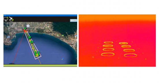 Left: Ground-based controllers track off-shore flights. Right: Infrared image of the fish farm.