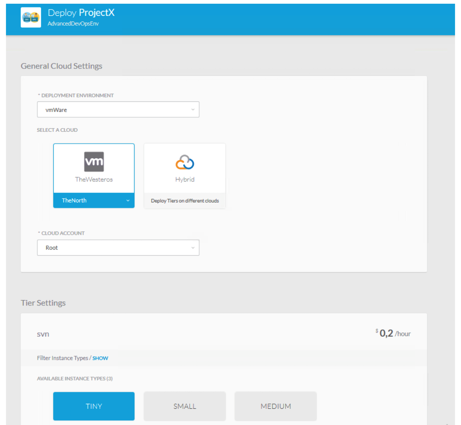 CloudCenter order wizard: you can choose where to deploy the CI/CD toolset and the size of each VM