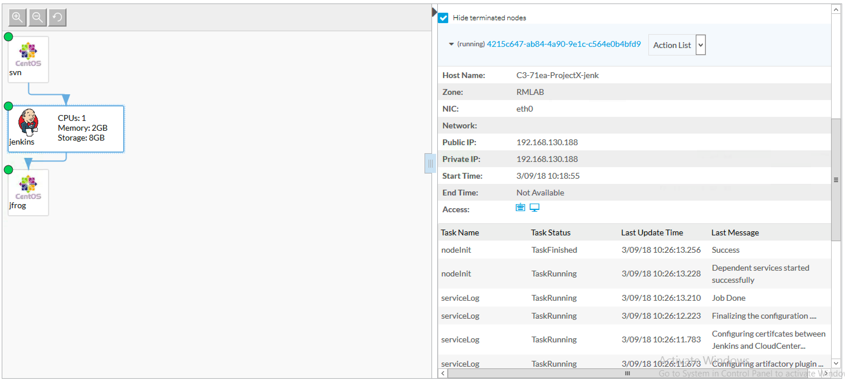 Accessing the details of the VM and the log of actions executed by the agent