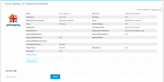 Cloud Center: viewing the deployment details of the deployed PetClinic application