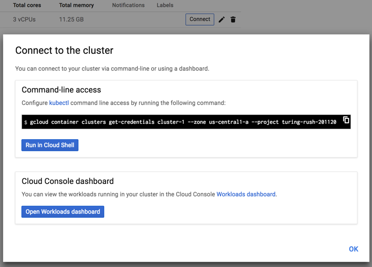 Click Connect to get your option to connect using the built-in console utility. Click the option for “Run in Cloud Shell”