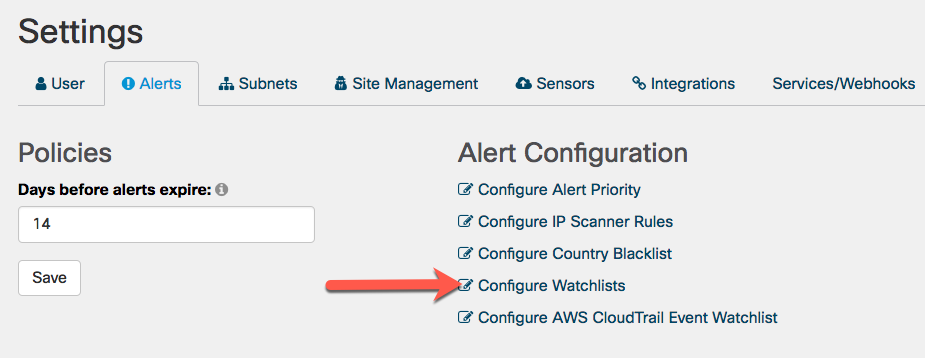 Click Configure Watchlists on the Settings screen