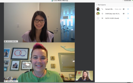 A Webex screengrab of Mabel meeting virtually with Hannah Wilson and Casie Shimansky.
