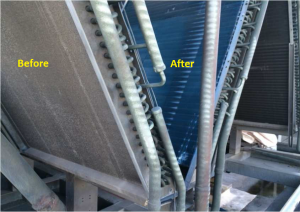 Coil faces showing the completed application of the HVACArmor product on the inside, vs the non-completed existing exterior coil face that will be coated next outside