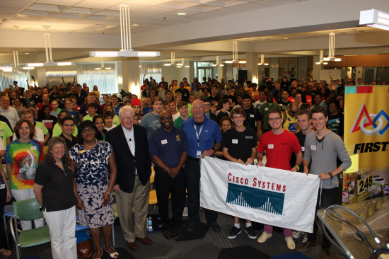 U.S. Congressman David Price attended the "Game and Field Reveal" during the First Tech Challenge Kick-Off event at the Cisco Research Triangle Park campus on September 12, 2015