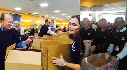 Cisco Chairman and CEO John Chambers (left) was among the many Cisco executives and employee volunteers in San Jose, California, who packaged food as part of the 2013 Global Hunger Relief Campaign