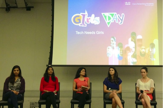 Young Cisco engineers Shira Krishnan, Rachana Agumamidi, Shraddha Chaplot, Sarina Surrette, and Rachel Kuttner tell 40 teenage girls how they decided to pursue technology careers during the Girls in ICT Day event in San Jose, California.