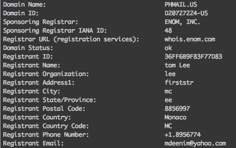 Fake WHOIS record data for phmail.us.