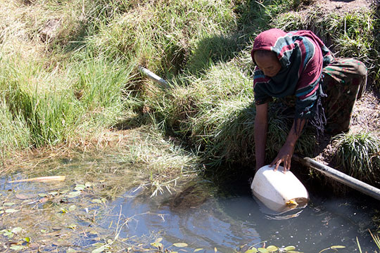 An Ethiopian woman gathers water from a contaminated source. Courtesy Water.org