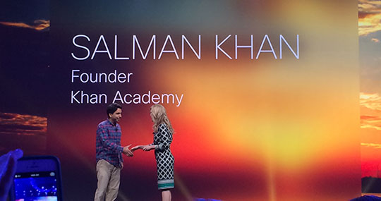 Sal Khan, founder of the online Khan Academy, is welcomed on stage at Cisco Live by Chief Marketing Officer Blair Christie