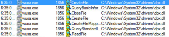 Figure 15.0: wusa.exe loading dpx.dll
