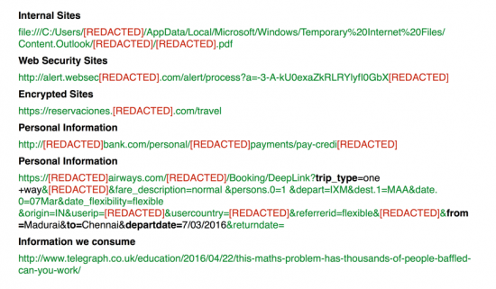 Figure 6: Examples of HTTP referrer’s exfiltrated by these ad-injector applications. Ad-Injectors do not distinguish between internal sites, files, error pages or external sites. They will attempt to inject advertising at any level and they see all the sites we visit through our browser.