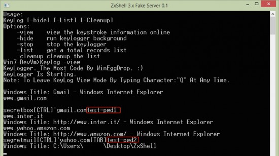 The ZxShell keylogger has captured 2 user passwords  (gmail.com and amazon.com)