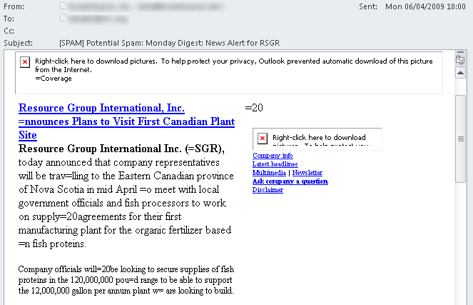 RSGR stock spam email