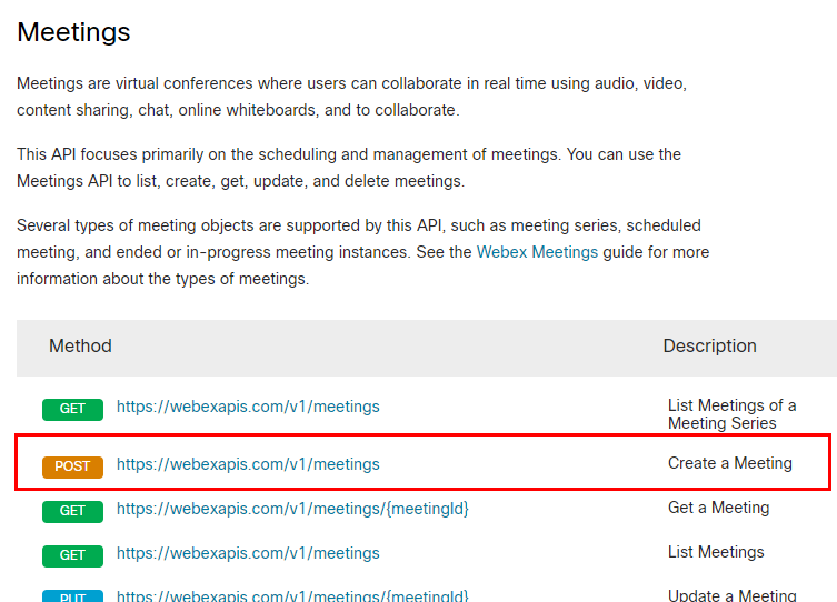 API「https://webexapis.com/v1/meetings」を選択して、API の詳細仕様を確認します。