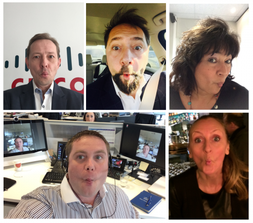 The Cisco team getting involved #FishFace - moving clockwise: Walter Merkl, Austria, Virtual Sales Manager - Central Region, Santiago Herranz, Spain, Virtual Sales Manager - South Region, Kim Pasche, Netherlands, Director of GVS, Simon Frewin, UK, Account Manager and Sarah Eccleston, Director, Enterprise Networks and IoT, UK&I