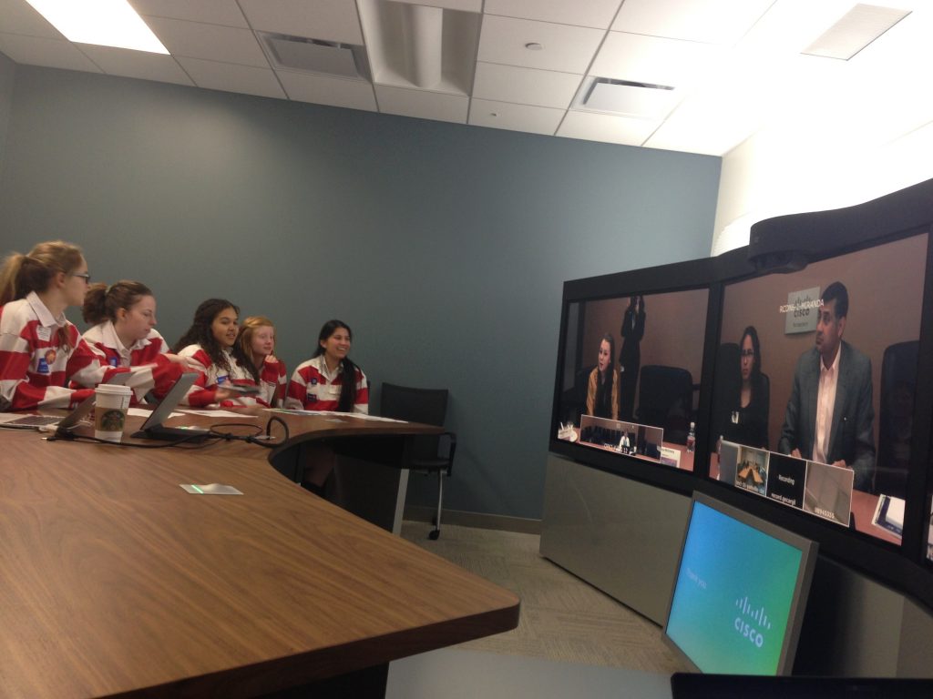 Students from Trafalgar Castle speak with students in Richardson, Texas, via Cisco TelePresence
