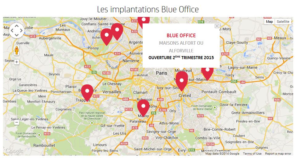 Implantations prévues par Blue Office (Source et carte animée sur http://www.blueoffice.nexity.fr/notre-approche?xtmc=blue+office&xtnp=11&xtcr=8